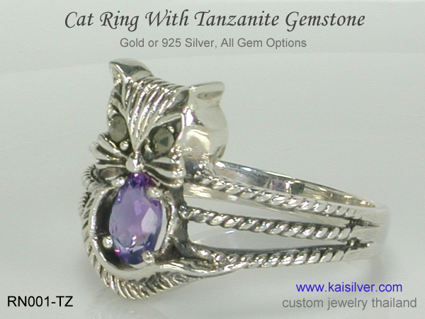 sterling silver gemstone cat ring